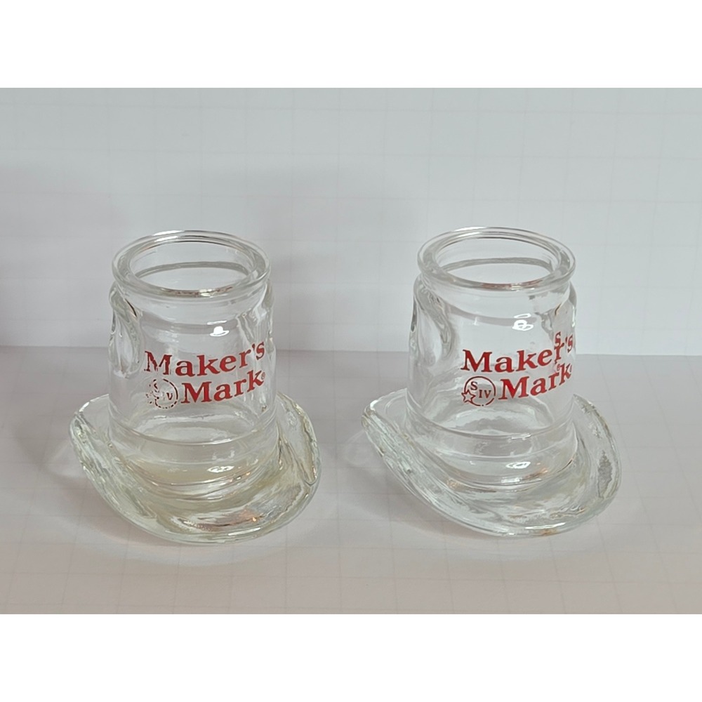 Set of 2 Vintage Maker's Mark Whiskey Cowboy Hat‎ Shaped Shot Glasses